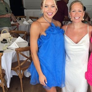 Blue halter ruffle mini dress